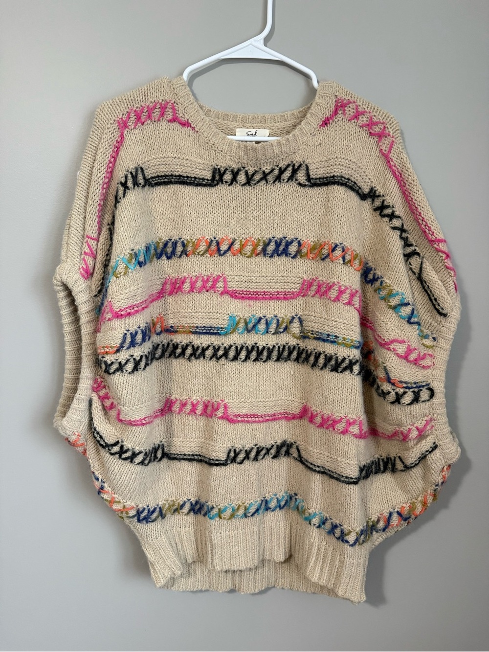 easel Cream Knit Crewneck Sweater with Multicolor Stitching Size S/M